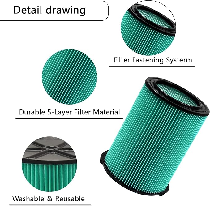 VF6000 5-Layer Pleated Replacement Filter Compatible with Ridgid 5-20 Gallon Wet Dry Vacuums WD5500 WD0671 WD6425 WD7000 WD1280 WD1851 WD1680 WD1956 RV2400A 1400RV RV2600B (2 Filters + 4 Bags)