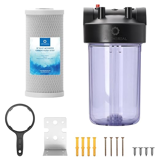 Airthereal Whole House Water Filter Housing, 10" x 4.5" Sediment Carbon Cartridge Universal Housing, Pre-Filtration System for Well and City Water with 1" NPT Port and Include 1-Pack CTO Filter