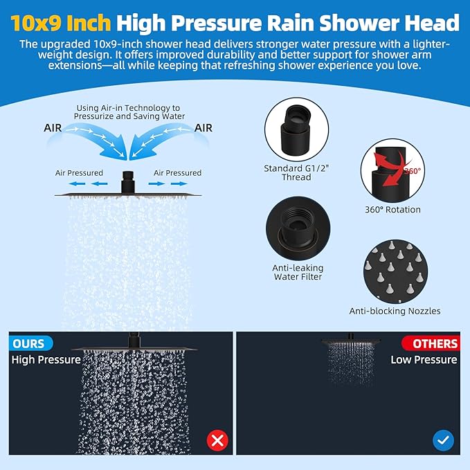 Hibbent All Metal Shower Head, 10'' High Pressure Rainfall Shower Head, Showerhead Combo, Handheld Shower Wand, 12'' Adjustable Curved Extension Arm, 71'' Hose, Shower Head Holder, Oil Rubbed Bronze