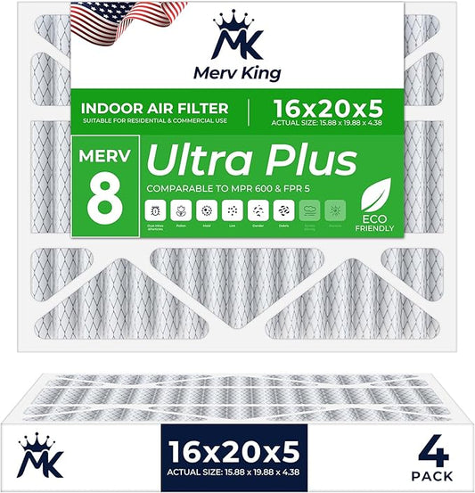 MervKing 16x20x5 Air Filter Actual Size: 15.88" x 19.88" x 4.38" MERV 8 MPR 600-700 | MADE IN USA | 4-Pack | Pleated HVAC AC Furnace Replacement