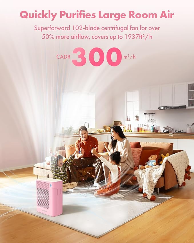 Air Purifier for Home Large Room Bedroom Up to 1937 Ft² in 1 Hr With Double-sided Air Inlet, Air Quality and Light Sensors, HEPA Sleep Mode for Allergies, Dust, Pollen, Pet Hair, Pink