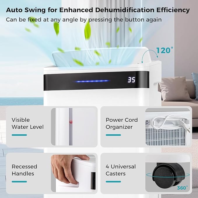 COSTWAY 4,500 Sq. Ft Dehumidifier for Basement, 3-Color Humidity Indicator, Dry Clothes Mode, 12" Drain Hose & Wheels, 57 Pint/Day Dehumidifier for Large Room (White&Black)