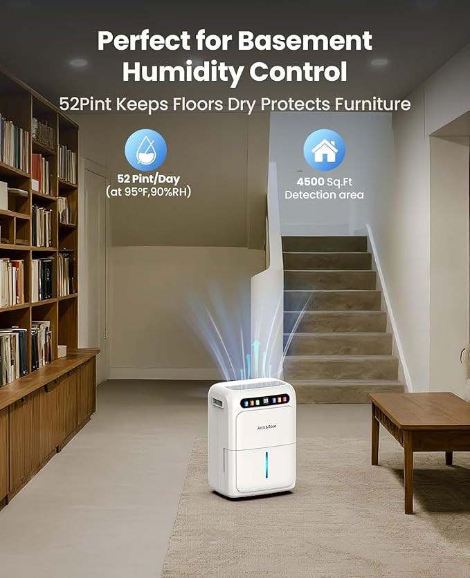 52 Pint Basement Dehumidifier with Drain Hose, 3.3ft, Dehumidifier for Bedroom and Bathroom, Most Efficient Energy Star 2024, 6L Water Tank, Maximum Applicable Area 4500 Sq.Ft