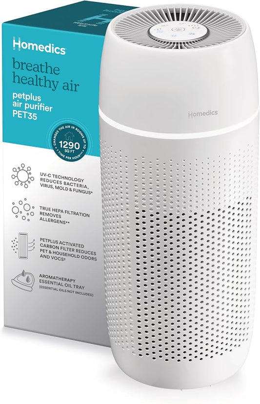 Homedics 5-in-1 PetPlus UV-C Air Purifier - 360-Degree HEPA Filter for 266 Sq Ft, Air Purifiers for Pets, Bedroom, and Home with Essential Oil Pads and Built-In Timer, 3 Speed Settings, White