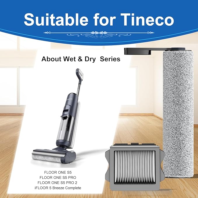 Vacuum Mop Replacement Parts Compatible with Tineco Roller Brush Replacement, Suitable with FLOOR ONE S5, FLOOR ONE S5 Pro Cordless Vacuum Cleaner, Set Includes 3 Roller Brushes and 6 Vacuum Filters