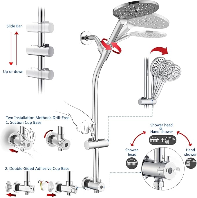 High Pressure Shower Head with Handheld Shower, 26" Adjustable Height Drill-Free Slide Bar, 3-Way Diverter for Easy Reach, Dual Shower Head Combo Set with 5ft Hose - Chrome