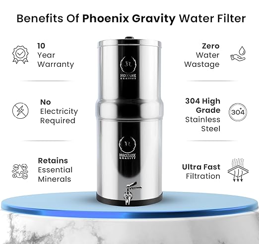 Gravity Water Filter System - 1.5 Gallons NSF Certified AISI 304 Stainless Steel Water Filter with 2 Smart Carbon Filters, 2 POSTreat Steel Fluoride Removal Elements & Free Stainless Steel Spigot