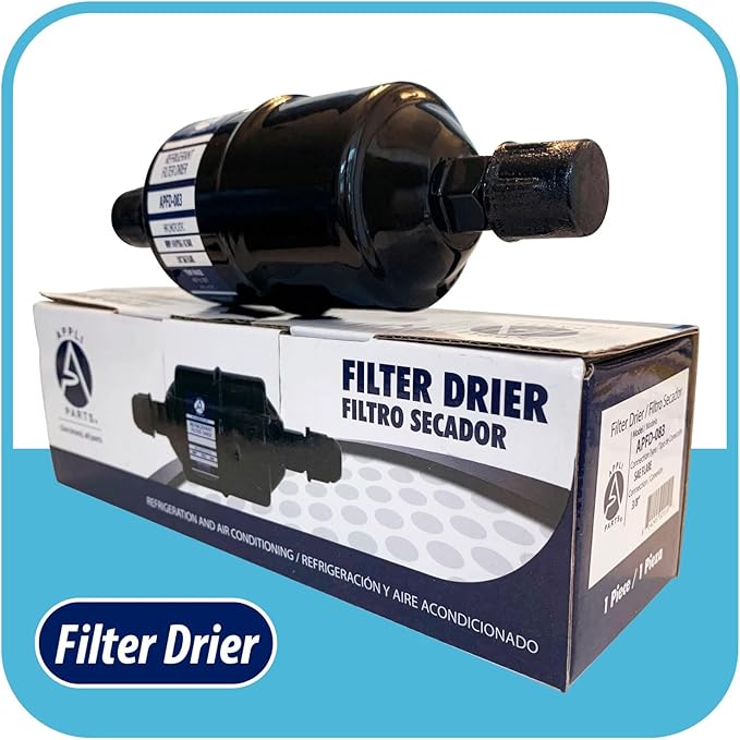 Appli Parts APFD-083 3/8 in Liquid Line Refrigerant AC Filter Drier hvac Refrigeration 083 SAE Flare connection universal unidirectional 6-1/2 in long 2 in wide