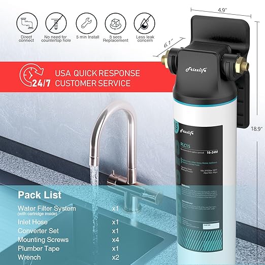 Frizzlife SW15 Under Sink Water Filter System, NSF/ANSI 53&42 Certified, Reduces 99.99% Lead, Chlorine, Bad Taste & Odor, Inline Water Filter, 16K Gallons High Capacity, 0.5 Micron, USA Tech