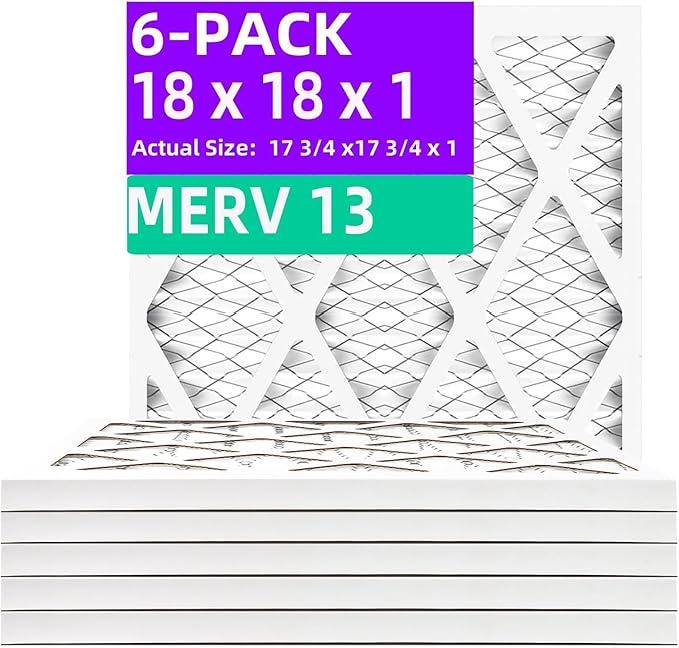 18x18x1 (6-Pack) MERV 13 Pleated Air Filter (Actual Size: 17.75"x17.75"x0.75") MPR 1900 & FPR 10, Furnace Air Filters,18x18x1 air filter
