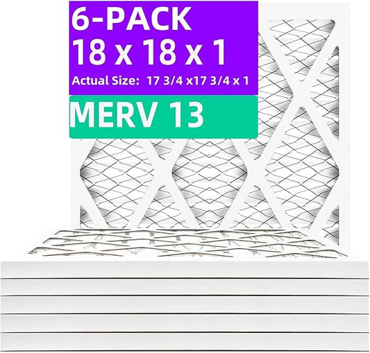 18x18x1 (6-Pack) MERV 13 Pleated Air Filter (Actual Size: 17.75"x17.75"x0.75") MPR 1900 & FPR 10, Furnace Air Filters,18x18x1 air filter
