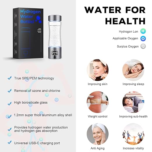 Hydrogen Water Bottle, Healthy Hydrogen Water Generator with Latest SPE PEM Technology, Hydrogen Water Ionizer Machine,Separates Hydrogen and Oxygen, Gift for Home,Travel, Sports (Grey, 9.05*Φ2.63in)