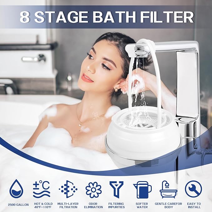 Bath Filter for Tub, 8 Stages Bathtub Water Filter, Bath Water Filter to Removes Lead, Chlorine and Fluoride, 2,500 Gallons of Filtration, Water Softener, BPA Free