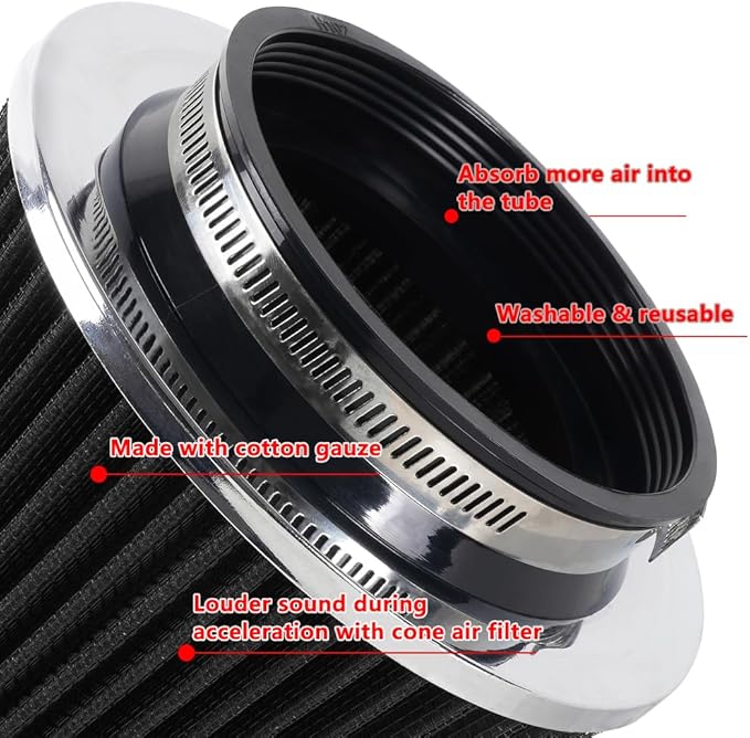 4-Inch Cold Air Intake Filter - Washable, High Performance, 3" or 3-1/2" or 4" Clamp-On Replacement Air Filter Black
