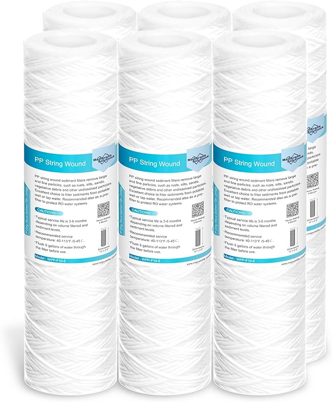 Membrane Solutions 5 Micron 10"x2.5" String Wound Whole House Water Filter Replacement Cartridge Universal Sediment Filters for Well Water - 6 Pack