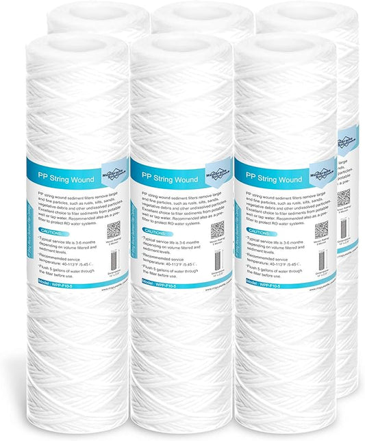 Membrane Solutions 5 Micron 10"x2.5" String Wound Whole House Water Filter Replacement Cartridge Universal Sediment Filters for Well Water - 6 Pack