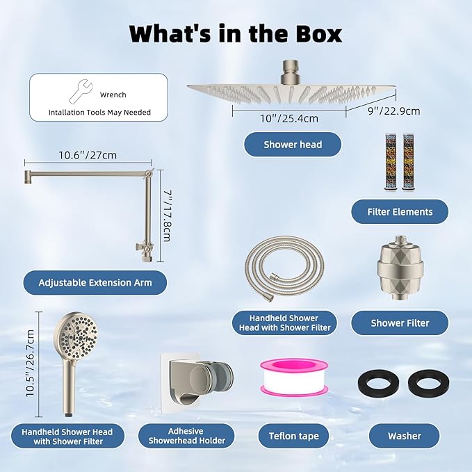 iFealClear Metal Rain Filtered Shower Head, 10” High Pressure Rainfall Shower Head with Handheld Spray, 10-Mode Handheld Power Wash, 16" Adjustable Extension Arm, 2 Pack Shower Filters, Brushed Nickel