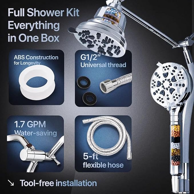 AQUAZEN® Dual Filtered Shower Head Combo | Rainfall + Handheld | 6 Spray Modes | High Pressure | Flexible Mount | Hard Water Filtration | 60" Hose | Chrome Finish