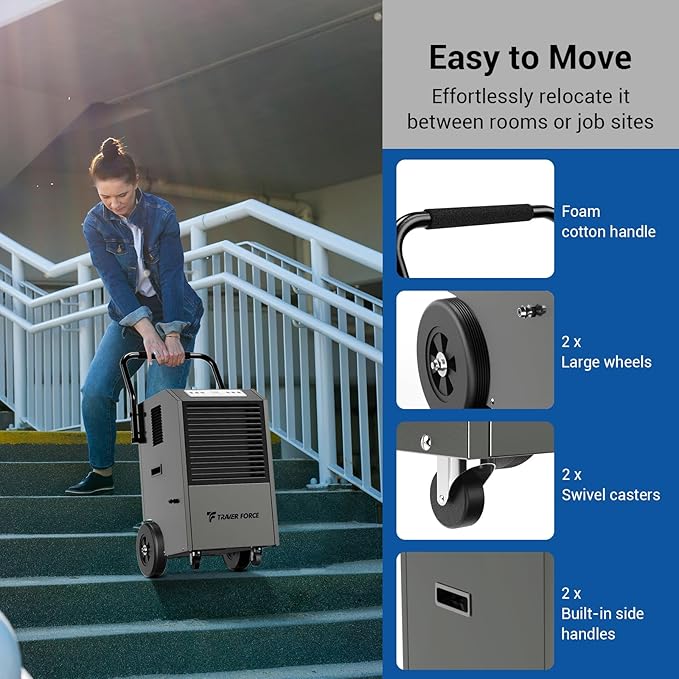 Traver Force Commercial Dehumidifier, 140 Pint Large Dehumidifier with Pump Drain Hose, Up to 5,000 sq. ft, for Crawl Space, Basement, Warehouse, Water Damage Restoration, Job Sites