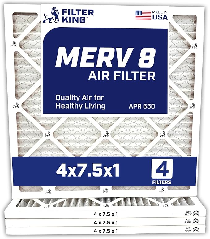 Filter King 4x7.5x1 Air Filter | 4-PACK | MERV 8 HVAC Pleated A/C Furnace Filters | MADE IN USA | Actual Size: 4 x 7.5 x .75"