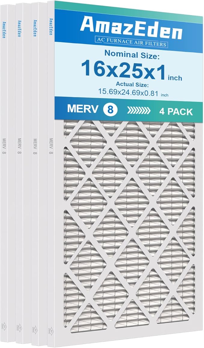 16x25x1 Air Filter 4-Pack MERV 8 MPR 600 Pleated Furnace Filters Replacement HVAC AC Furnace Dust Defense (Actual Size: 15.69x24.69x0.81 Inches)