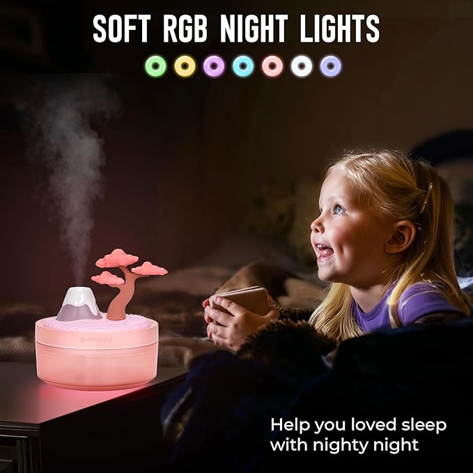 Cute Mini Humidifier, 320ml Pink Cherry Tree Desktop Humidifiers for Bedroom, Portable Small Cool Mist Humidification for Home, Baby Nursery, Office & Indoor Plants, USB Powered