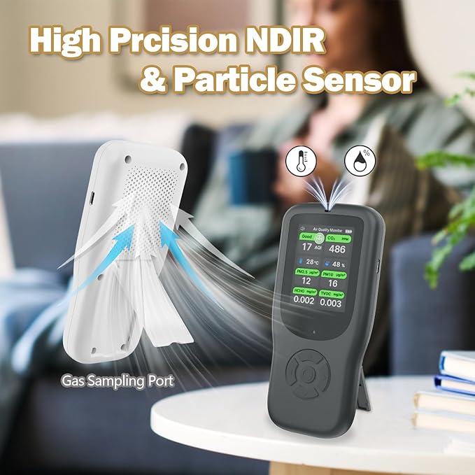 11-in-1 Air Quality Monitor - Portable Indoor Air Quality Detector with Stand, Real-Time Test for AQI, CO2, PM2.5, PM1.0, PM10, TVOC, HCHO, Particles, Temperature & Humidity with Aler (Black-Black)
