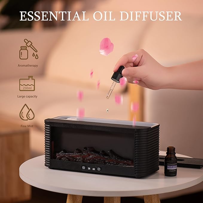 2025 Upgraded 9 Color Flame Fireplace Aroma Essential Oil Diffuser,250ml USB Desktop Noiseless Cool Mist Humidifier with Timer Auto-Off Protection for Home,Office, Gift (Black)
