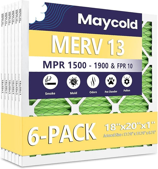 Maycold MERV 13 18x20x1 Air Filter (6-Pack), High-Efficiency Pleated AC & Furnace Filters, Actual Size: 17.70” x 19.70” x 0.75”, Individually Wrapped in Plastic