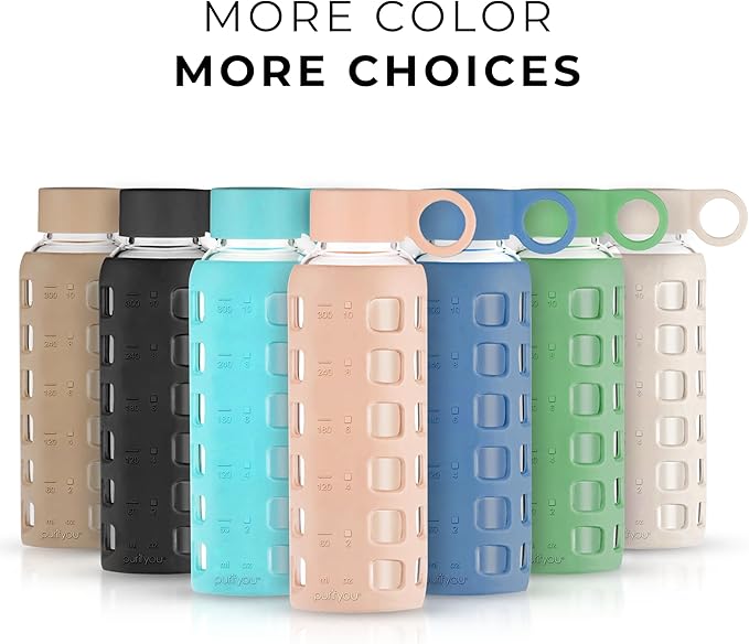 purifyou 40oz / 32oz / 22oz / 12oz Borosilicate Glass Water Bottle with Time & Volume Markers, Silicone Sleeve, Stainless Steel Lid | Reusable Glass Bottle for Water & Juice (12oz Hazelnut)