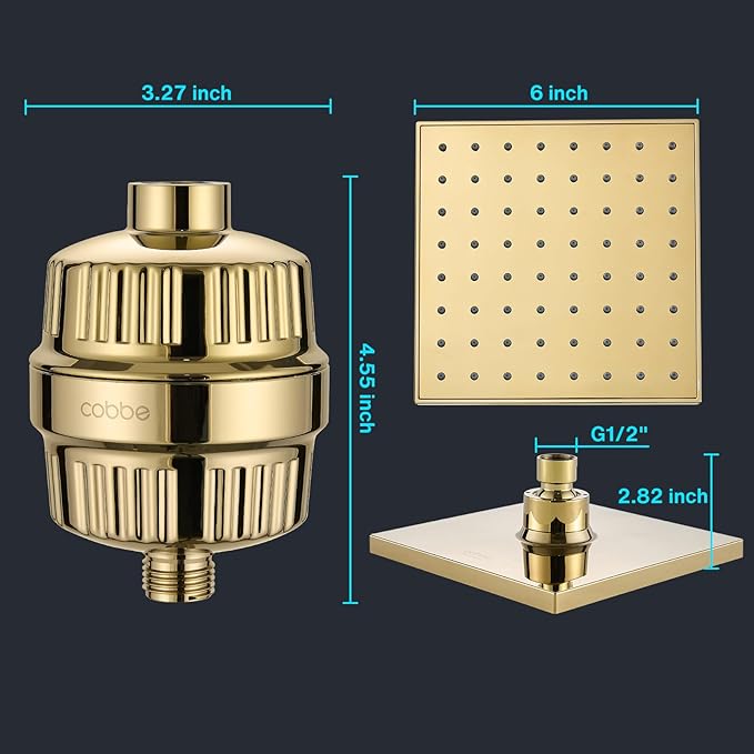 Cobbe High Pressure Filtered Shower Head Combo, Rain Shower Head with 20 Stage Shower Head Filter for Hard Water - Adjustable Replacement Remove Chlorine and Harmful Substances, Gold