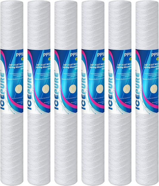ICEPURE 5 Micron 20" x 2.5" String Wound Whole House Water Filter Cartridge for Well Water, Replacement for Aqua Pure AP110-2C, FPMB5-20, WPP-F20-5, P1-20/SP-P1-20, 6PACK