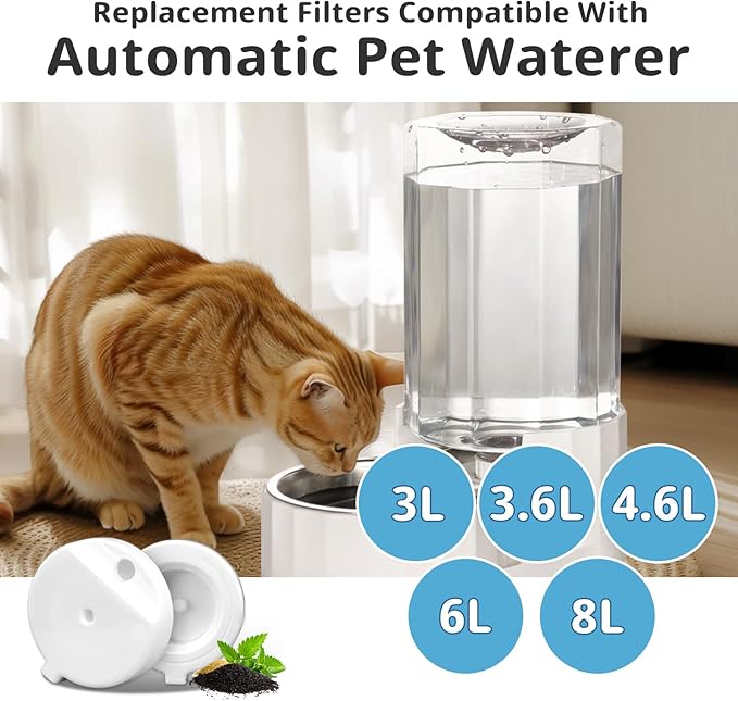 Gravity Pet Water Fountain Filters, Automatic Pet Waterer Replacement Filters for 3.6L/4.6L/6L/8L Dog Water Dispenser(4 Filters with 1Brush)