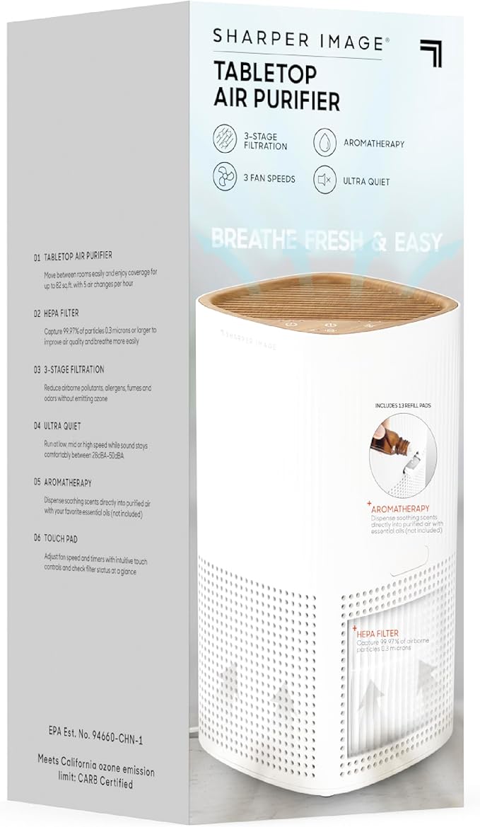 Sharper Image® Tabletop Air Purifier – 2 HEPA Filters & 13 Aromatherapy Pads| Quiet 3-Stage Filtration| 5 Air Changes Per Hour| Remove Dust Allergens Pollen Smoke Pet Fur| Home Office Odor Eliminator