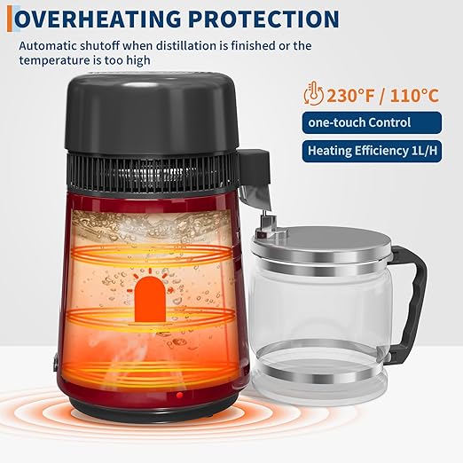 GarveeHome Water Distillers for Home Countertop, 1Gal/4L Stainless Steel Distilled Water Machine with Glass Container, 750W Desktop Drinking Purifier Filter Distilling Kit, Red