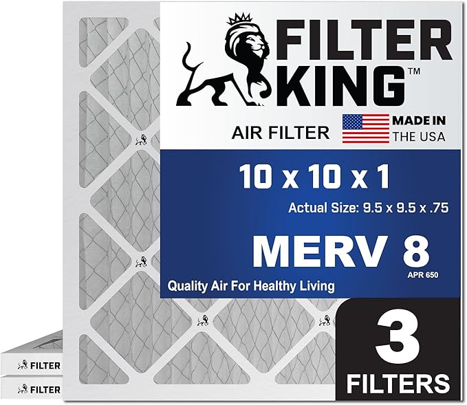 Filter King 10x10x1 Air Filter | 3-PACK | MERV 8 HVAC Pleated A/C Furnace Filters | MADE IN USA | Actual Size: 9.5 x 9.5 x .75"