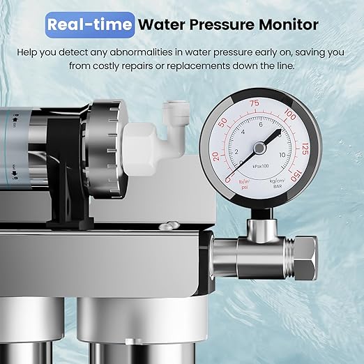 Under Sink Water Filtration System-NSF&CEC Certified,Stainless Steel Water Filter, Real-time Pressure Gauge,0.01μm Kitchen Undersink Water Filtration,Retain Beneficial Minerals,U1(5 Filters)