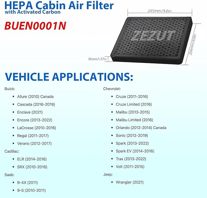 CF10775 Cabin Air Filter Fits Buick Cascada/Encore/LaCrosse/Regal, Cadillac ELR/SRX, Chevrolet Cruze/Sonic/Spark/Trax/Volt – Honeycomb Structure, Activated Carbon Beads, HEPA (1 Pack)