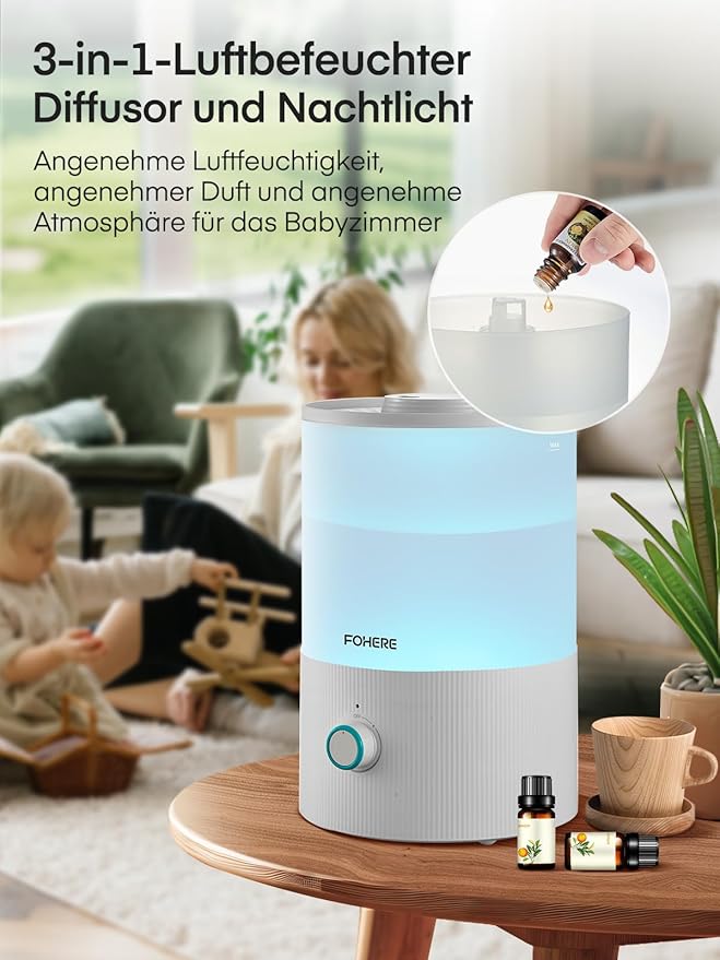FOHERE Humidifiers for Bedroom, 3.2L Cool Mist Baby Humidifier, 28H Quiet Runtime, Auto Shut-Off, 7-Color Nightlight, Top-Fill, BPA-Free, Essential Oil Diffuser for Home, Room, Nursery, Plants,Office