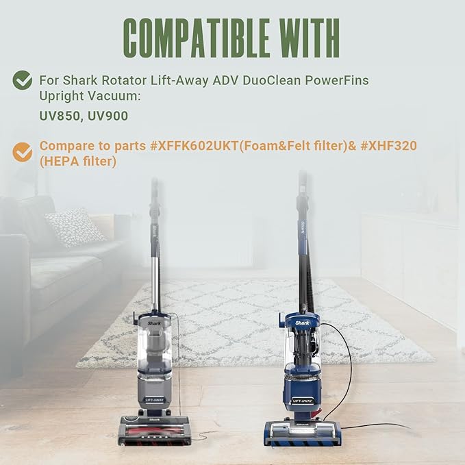 UV850 UV900 Filters Replacement Parts for Shark Lift-Away DuoClean Upright Vacuum,Parts #XHF320 & XFFK602UKT,2 HEPA Filters+4 Foam&Felt Filters