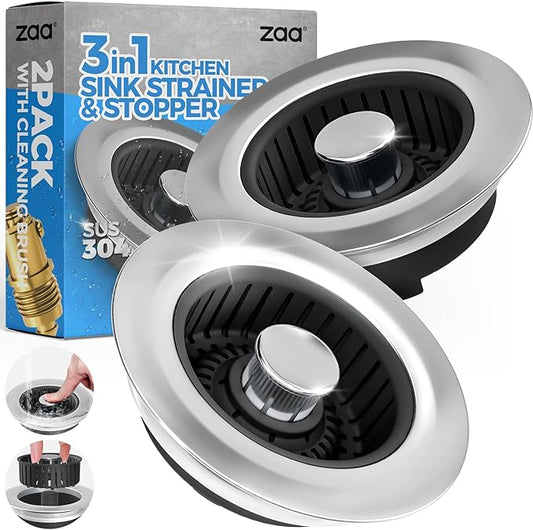 Kitchen Sink Drain Strainer - 2Pack Sink Stopper, Drain Protector, Kitchen Drain Plug & Sink Installation Parts with Anti-Clogging Basket, Fit US Standard 3-1/2'' Sink Drain Hole, Silver Black