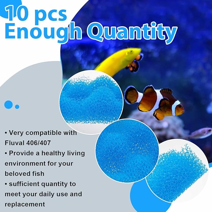 Maxcheck 10 Pcs Bio Sponge Foam Compatible with 406/407 Foam Filters Media Replacement Sponges for Aquarium Filters Fish Tank Accessories, Blue