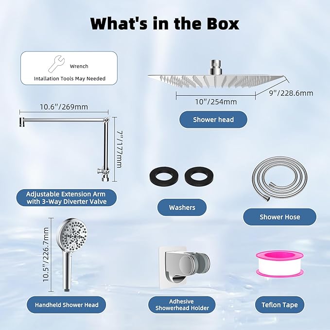 iFealClear Metal Rain Shower Head, 10” High Pressure Rainfall Shower Head with Handheld Spray Combo, 10-Spray Handheld Built-in Power Wash, 16" Shower Extension Arm, 71" Hose, 3-Way Diverter, Chrome