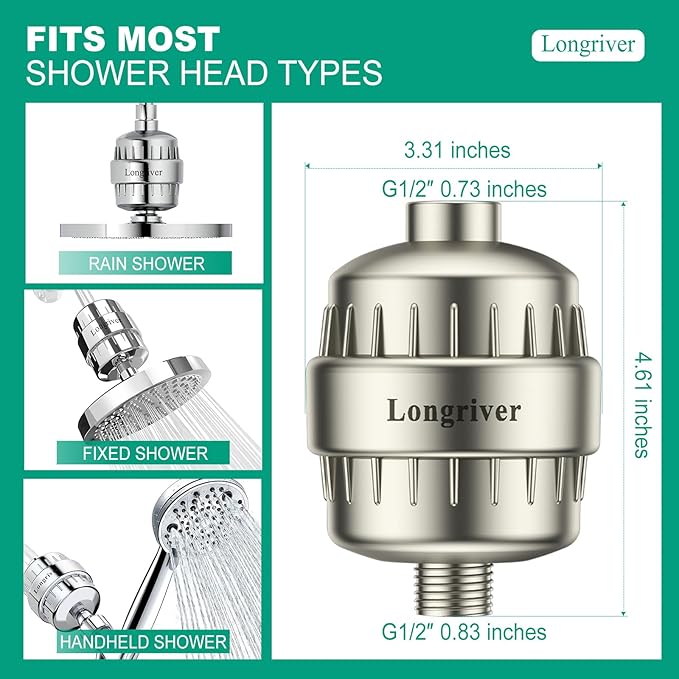 R7 Shower Filter High Put Shower Water Filter for Hard Water 99.99% Remove Chlorine, Shower Water Softener, Improve your skin and hair, Bathroom Fixture Hardware Parts, Brushed Nickel, 2 Pack