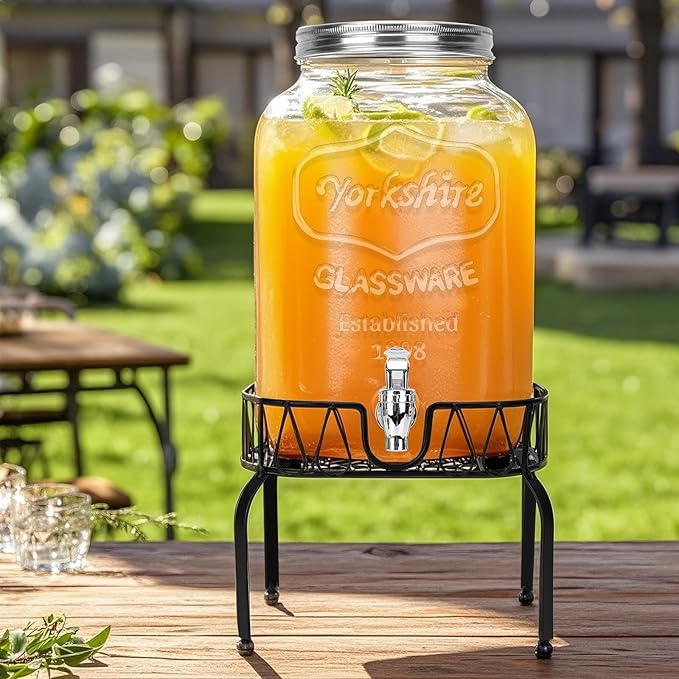 Glass Beverage Dispenser with Stand and Lid, One Pack-2 Gallon with Spigot - Glass Drink Dispensers for Parties, Wedding, Ideal for Juice, Beer, Ice Tea