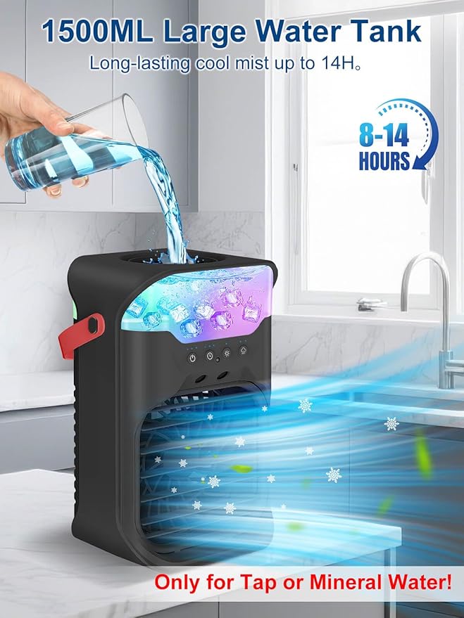 Portable Air Conditioner, 1500ML, Removable & Washable Fan Blades, Timer Function, 4 Speeds, 2 Cool Mists, 7-Color Light, Personal Evaporative Air Cooler for Home, Office, Bedroom, and Camping-Black