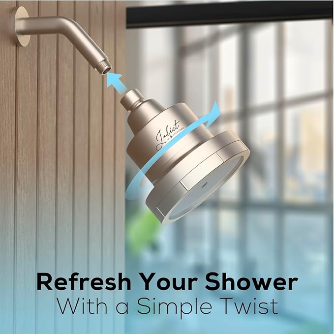 THE JULIET FILTERED SHOWER HEAD - Luxury High Pressure Shower Head with Filters - Removes Impurities for Healthier Hair and Skin - Reduces Hair Breakage, Skin Dryness & Irritation (Brushed Nickel)