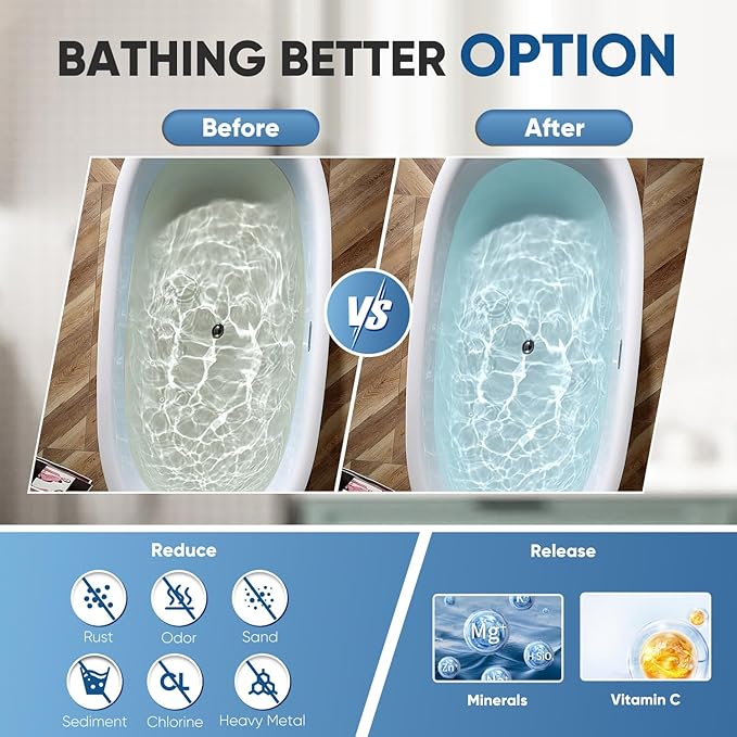 PUREPLUS Bathtub Bath Water Filter for Tub, 8 Stages Kinder Filter for Bathtub, 2500 Gallons Filtration, Removes Contaminants for Softer Skin and Hair, Reduces Chlorine & Heavy Metals, BPA Free, Black