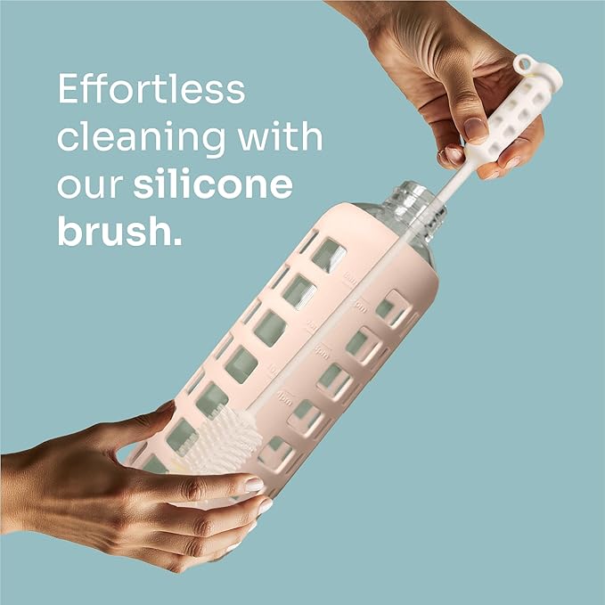 purifyou 40oz / 32oz / 22oz / 12oz Borosilicate Glass Water Bottle with Time & Volume Markers, Silicone Sleeve, Stainless Steel Lid | Reusable Glass Bottle for Water & Juice (40oz Hazelnut)