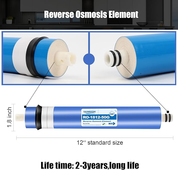 50 GPD Reverse Osmosis RO Membrane Element，12"x1.8" Replacement Water Filter or Under Sink Home Drinking RO Water Purifier System